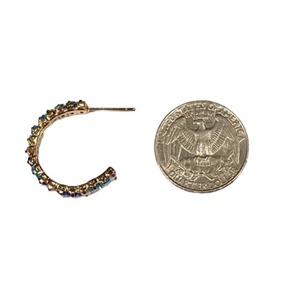 Radiant Blue & Iridescent Baguette Crystals C Shaped Gold Toned Hoop Earrings - Picture 4 of 5